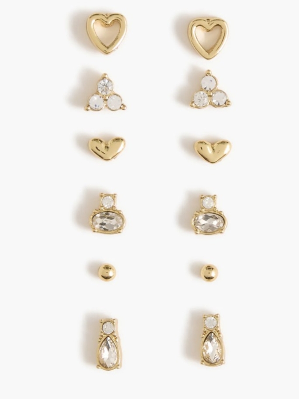 NWT J. Crew Stud earrings 6 pairs Gold Zinc Brass Heart Zirconia hypoallergenic